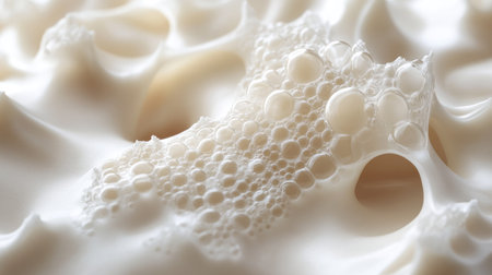 Foam forming intricate bubble clusters on a soft cream-colored surfaceの素材