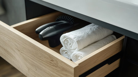 Drawer in a sleek, modern bathroom cabinet, pulled out to reveal a hairdryer and neatly rolled towelsの素材