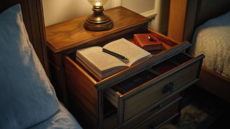 Drawer in a bedside table slightly open, revealing books, a journal, and a small flashlightの素材