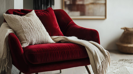 Luxurious red velvet chair styled with a soft throw and a cushion, set in a cozy cornerの素材