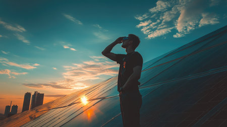 A worker shielding their eyes while cleaning solar panels during a bright afternoonの素材