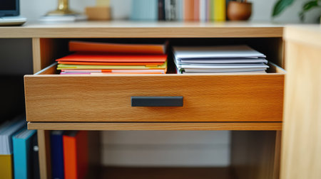 Open drawer in a minimalist office cabinet, revealing neatly stacked folders and stationery itemsの素材