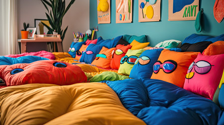Kids' sleepover setup with colorful eye masks scattered on soft sleeping bagsの素材