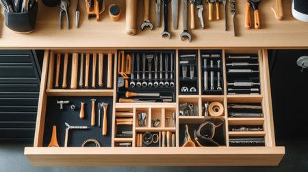Open drawer in a garage cabinet, filled with organized tools and hardware neatly placed in compartmentsの素材