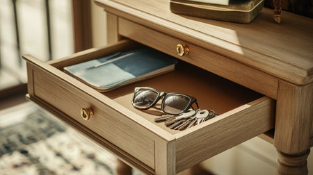 Open drawer in a hallway console table, revealing a set of keys, sunglasses, and a small notebookの素材