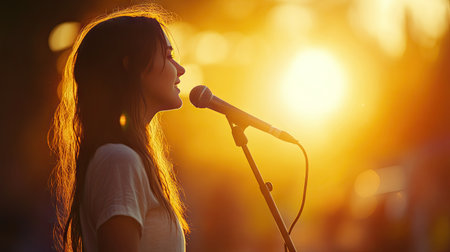 A young woman on an outdoor festival stage, singing into a microphone with the sun setting behind herの素材