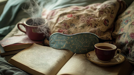 Eye mask with a motivational quote, lying on a bed surrounded by books and a steaming cup of teaの素材