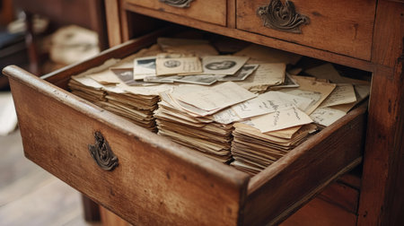 Open drawer in a vintage wooden cabinet, revealing stacks of handwritten letters and old photographsの素材