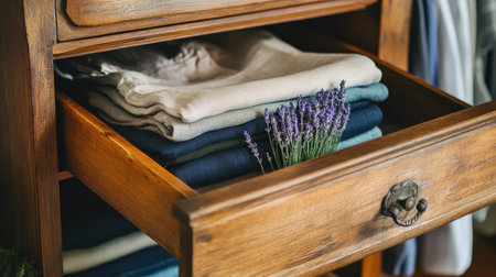 Open drawer in a wooden dresser, with folded clothes and a lavender sachet for freshnessの素材
