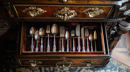 Open drawer in a vintage chest, revealing ornate silverware wrapped in velvet-lined compartmentsの素材