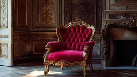 Ornate red velvet chair with gold trim, styled in a palace-like setting with opulent decorの素材