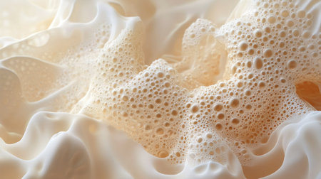 Foam forming intricate bubble clusters on a soft cream-colored surfaceの素材