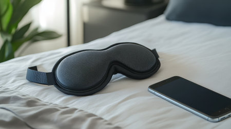 Modern eye mask with Bluetooth headphones lying on a sleek bedside table next to a smartphoneの素材