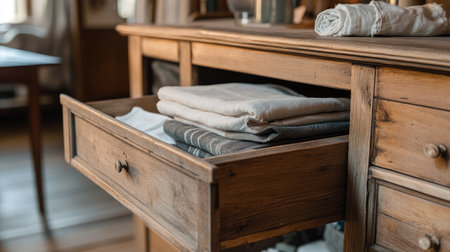 Open drawer in a rustic wooden cabinet, with neatly folded linens inside, set in a cozy dining areaの素材
