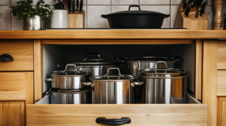 Open kitchen cabinet drawer containing neatly arranged pots and pans in a modern kitchenの素材