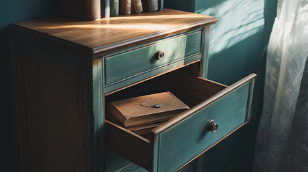 Open drawer in a bedside cabinet, with a stack of books and a small jewelry boxの素材