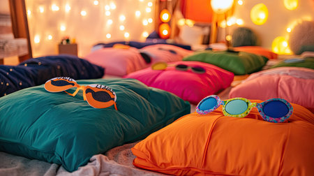 Kids' sleepover setup with colorful eye masks scattered on soft sleeping bagsの素材