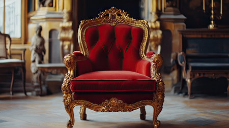 Ornate red velvet chair with gold trim, styled in a palace-like setting with opulent decorの素材