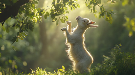 A goat standing on its hind legs, reaching for leaves on a low-hanging tree branch.の素材