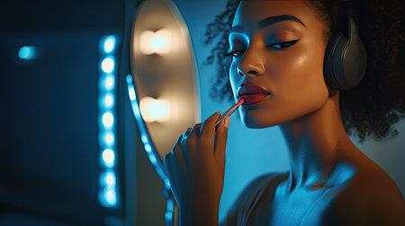 Woman in a headset, glancing in the mirror while applying lipstick. Her expression is calm, and lighting emphasizes her face and lips.の素材