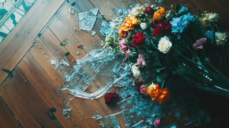 A dramatic shot of shattered glass from a fallen vase, surrounded by scattered flowers on a wooden floor.の素材
