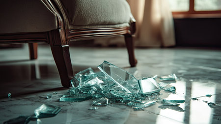A pile of broken glass pieces next to an overturned chair on a smooth ceramic floor.の素材