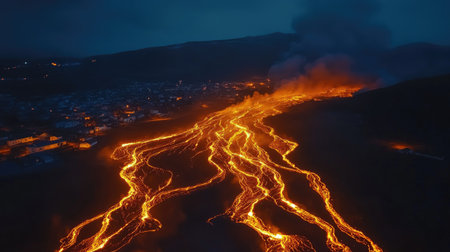 A drone view capturing the glowing rivers of lava flowing across a darkened volcanic plain.の素材