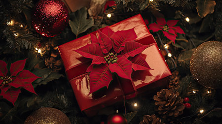 A festive red gift box with a satin bow and poinsettias, surrounded by fairy lights and ornaments, perfect for a holiday theme.の素材