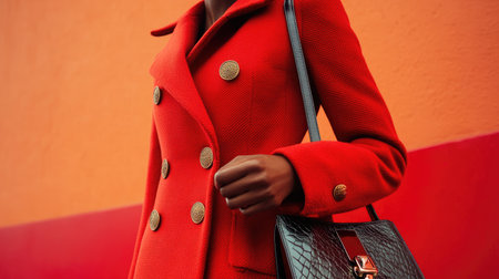 A close-up of a woman in a bold red coat with intricate button details, holding a designer handbag.の素材