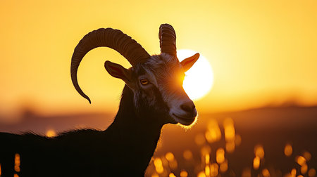 A goat with impressive curved horns silhouetted against the golden hues of a sunrise on the farm.の素材