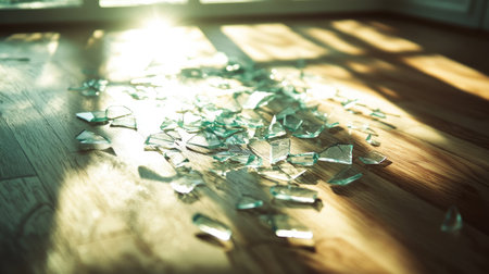 A close-up of shattered glass pieces scattered across a hardwood floor, reflecting sunlight from a nearby window.の素材
