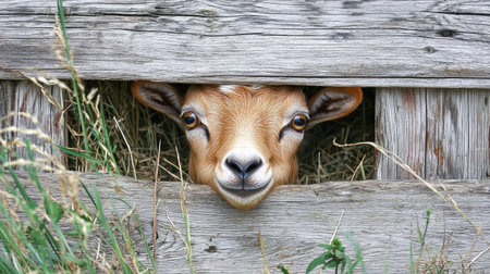 A close-up of a curious goat peeking through a wooden fence, surrounded by tall grass and hay.の素材