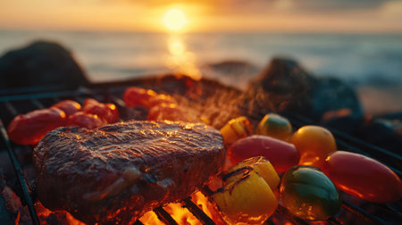 A close-up of beef steak and vegetables grilling over glowing coals, with a faint sunset in the distance.の素材