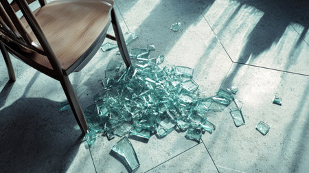 A pile of broken glass pieces next to an overturned chair on a smooth ceramic floor.の素材