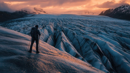 A photographer capturing the intricate patterns of cracks on a massive glacier during golden hour.の素材