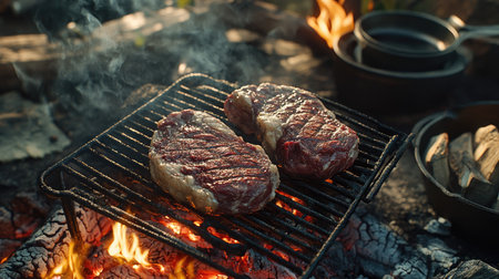 A pair of beef steaks grilling on a campfire grate, surrounded by cast iron pans and other camping essentials.の素材