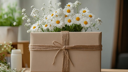 A large beige gift box with delicate white daisies and brown jute rope for a natural aesthetic.の素材