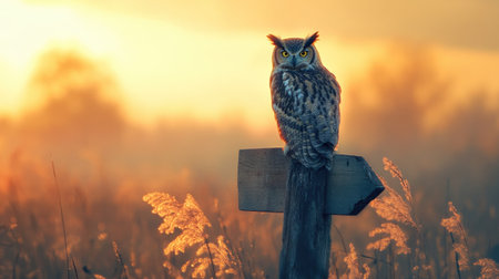 A large owl perched atop a wooden signpost in a rural setting during sunrise.の素材