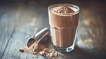 A well-lit photo of a chocolate whey protein shake in a glass with protein powder and a scoop next to itの素材