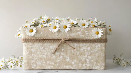 A large beige gift box with delicate white daisies and brown jute rope for a natural aesthetic.の素材