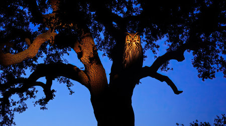A large owl and its shadow cast against the trunk of an old oak tree under twilight skies.の素材