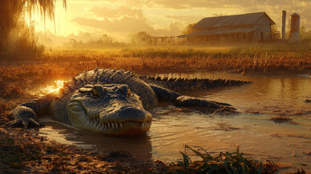 A crocodile lying in shallow water, its eyes barely above the surface, surrounded by a farm environment.の素材