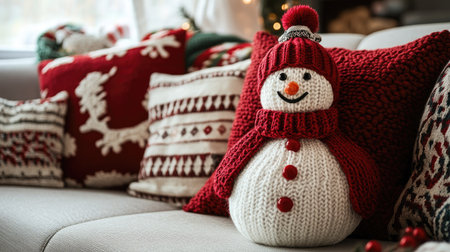 A knitted snowman Christmas decoration on a cozy sofa, with holiday-themed pillows in the background.の素材