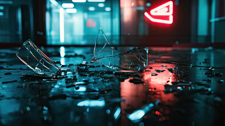 A dark, moody shot of shattered glass on a floor, with faint reflections of neon lights.の素材