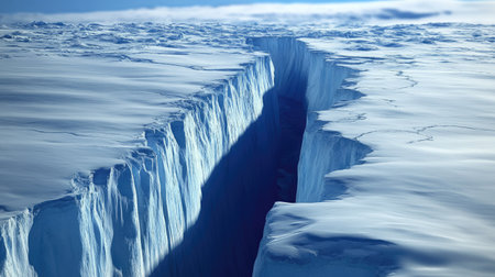 A detailed shot of deep blue crevasses cutting through the surface of a massive glacier.の素材