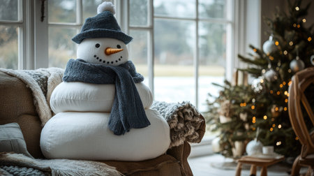 A creative snowman Christmas decoration crafted from stacked white cushions, with a scarf and hat adding charm.の素材