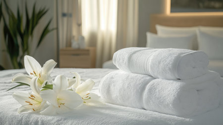 A luxury hotel room featuring a king-size bed, white towels, and a touch of lilies for decor.の素材