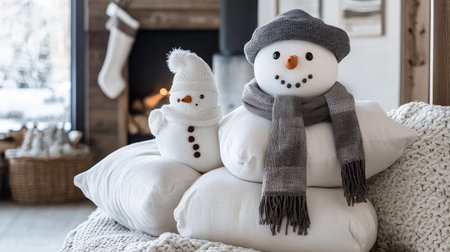 A creative snowman Christmas decoration crafted from stacked white cushions, with a scarf and hat adding charm.の素材