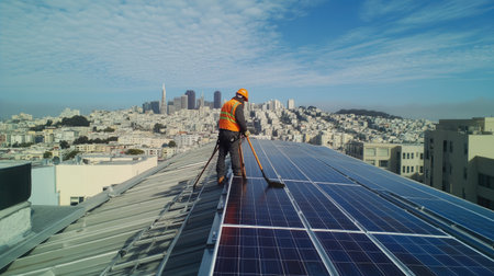 A worker standing on a ladder cleaning solar panels on a tilted roof with urban scenery in the backgroundの素材