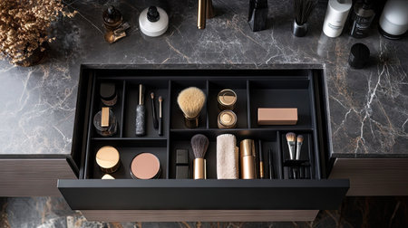 Open drawer in an elegant bathroom vanity, showcasing carefully placed cosmetics and brushesの素材